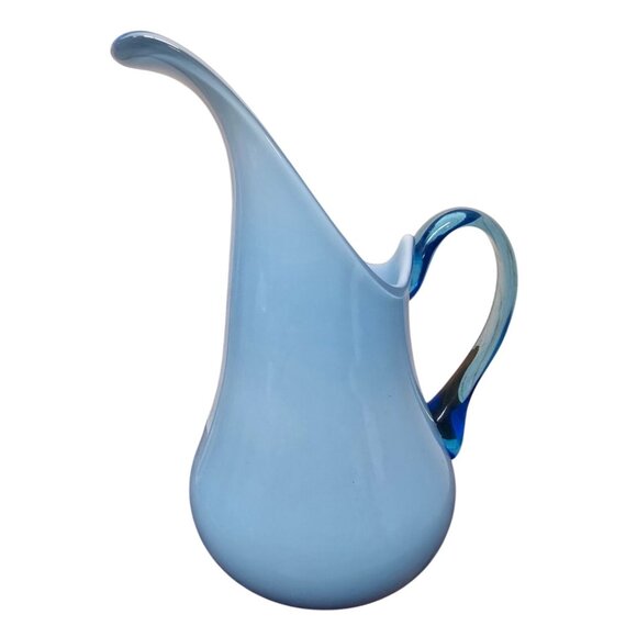 7.5" Empoli Pale Blue Art Glass Pitcher Vase Swirled Handle Italy MCM - Picture 1 of 9